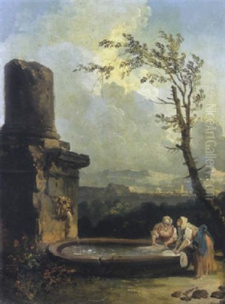 Les Lavandieres A La Fontaine Oil Painting by Hubert Robert