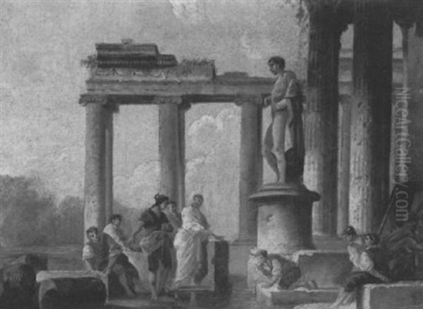 Personnages Au Bord D'un Bassin Pres De Ruines D'un Temple Antique Oil Painting by Hubert Robert