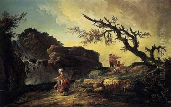 La Cascade: A Rocky Hillside With A Peasant Woman And Child Near A Waterfall And Boys Resting By A Blasted Tree Oil Painting by Hubert Robert