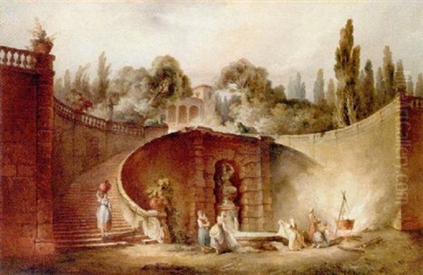 Washerwoman By A Fountain In The Gardens Of The Farnese Palace, Caprarola Oil Painting by Hubert Robert