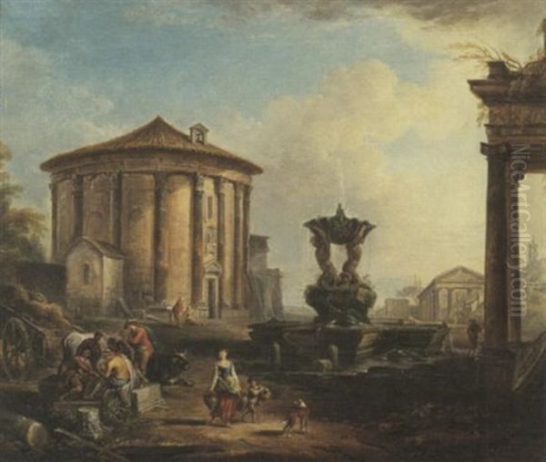 A Capriccio View Of The Temple Of Vesta With Figures Playing Cards In The Foreground Oil Painting by Hubert Robert