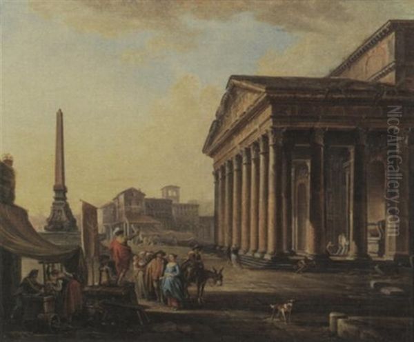 A Capriccio View Of The Pantheon With Figures Gathered Around A Medicine Man In The Foreground Oil Painting by Hubert Robert