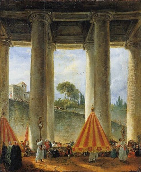 Procession Pontificale Celebrant La Fete Du Corpus Domini Sous La Colonnade De Saint-pierre A Rome Oil Painting by Hubert Robert