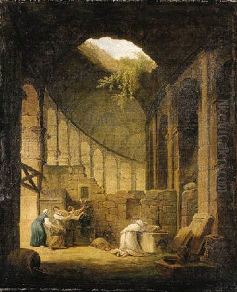 A Hermit Praying Before An Altar In A Ruined Chapel, With Three Women Offering Flowers Oil Painting by Hubert Robert