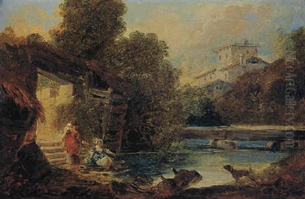 Women Fishing At A Wooded Pool, A Villa Beyond Oil Painting by Hubert Robert