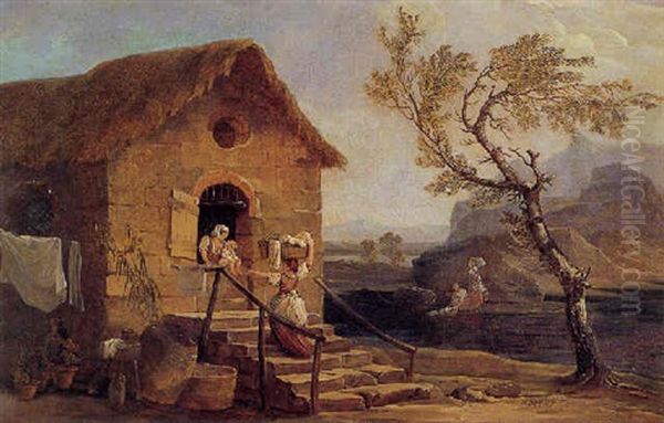 Washerwomen By A Cottage Along The Banks Of A River Oil Painting by Hubert Robert