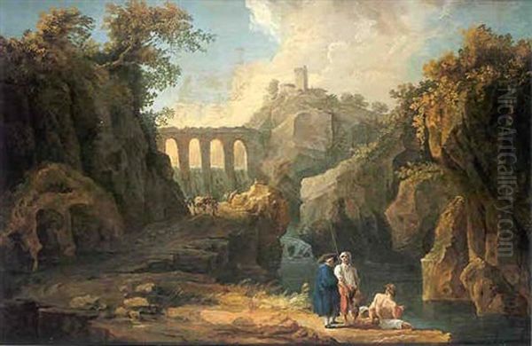 Paysage De Cascade Anime De Pecheurs Oil Painting by Hubert Robert