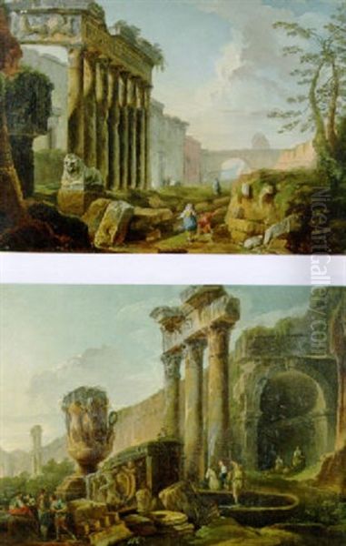 Capriccio Con Il Pronao Di Un Tempio Ottastilo, Altre Rovine E Astanti Oil Painting by Hubert Robert