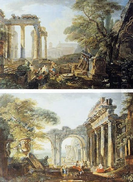 Veduta Ideata Di Roma Con Resti Archeologici E Figure Oil Painting by Hubert Robert