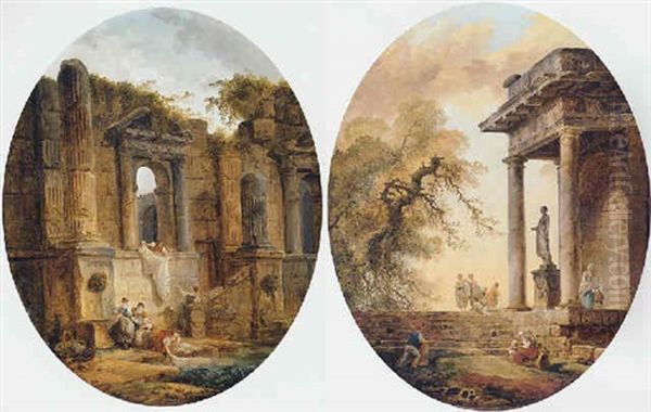 Washerwomen By A Pool Before The Ruins Of A Palace Oil Painting by Hubert Robert