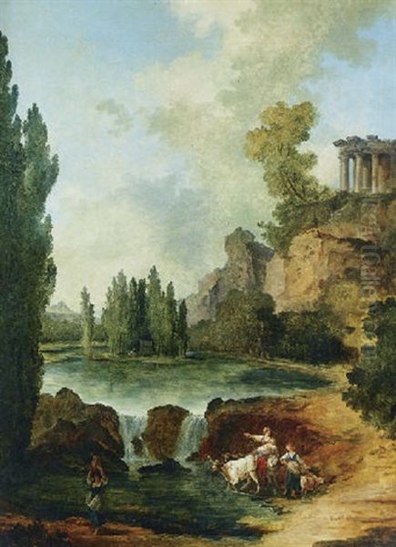 A Capriccio Of The Park At Ermenonville With The Tomb Of Jean Jaques Rousseau And The Temple De La Philosophie Oil Painting by Hubert Robert