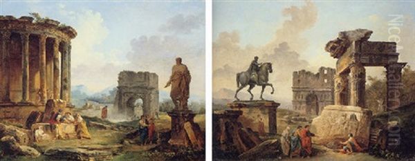 Cappricio Of Figures By The Temple Of Vesta And The Arch Of Titus Oil Painting by Hubert Robert