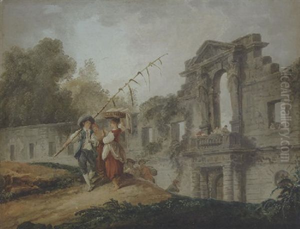 Washerwomen And A Youth On A Hill, Before The Facade Of A Ruined Renaissance Palace by Hubert Robert