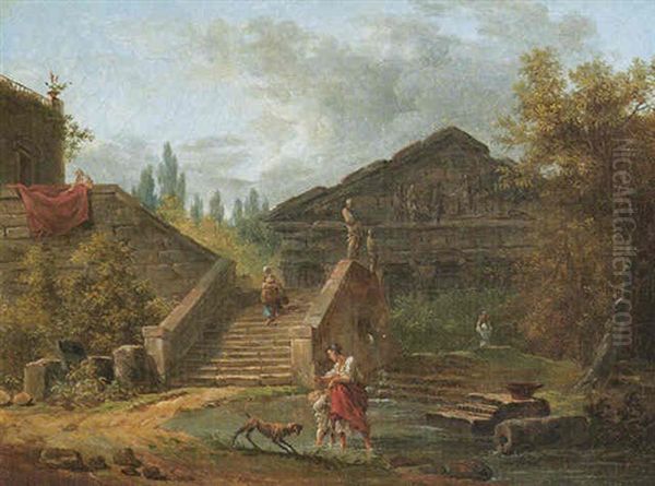 An Architectural Capriccio Of A Classical Temple With A Maid Descending A Staircase And Another With Child And Dog Standing In A Pool Oil Painting by Hubert Robert