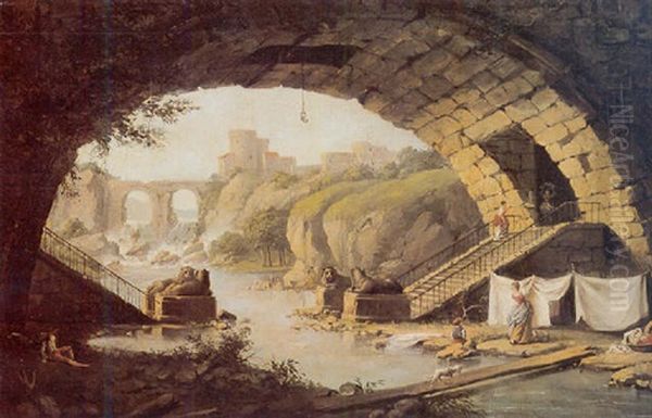 Les Lavandieres Sous Un Pont Oil Painting by Hubert Robert