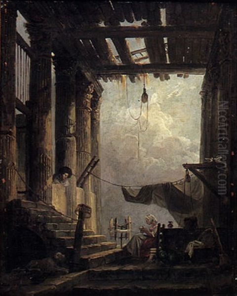 Jeune Fileuse Dans Les Ruines Oil Painting by Hubert Robert