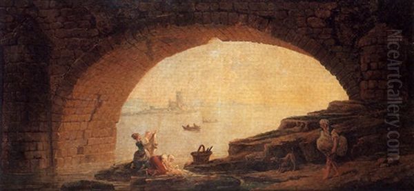 Vue Vers La Cote Mediterraneenne Depuis L'arche D'un Pont Avec Des Lavandieres Oil Painting by Hubert Robert