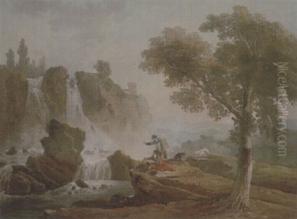 Rome, A View Of The Falls At Tivoli With Two Artists Sketching From A Promontory Oil Painting by Hubert Robert