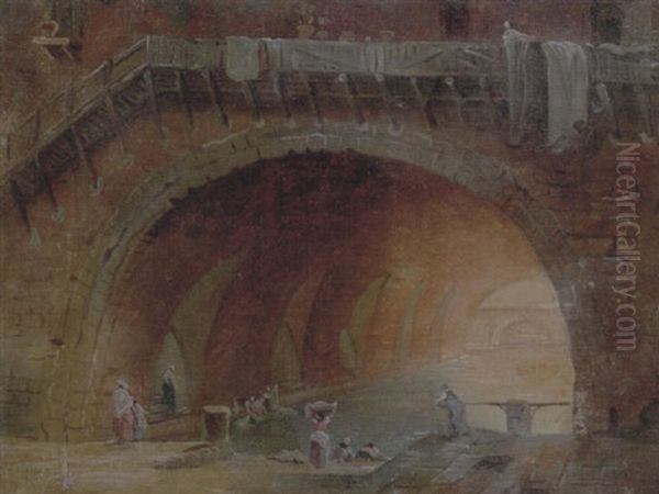 Figures Washing Clothes In A Pool Underneath An Arch Oil Painting by Hubert Robert