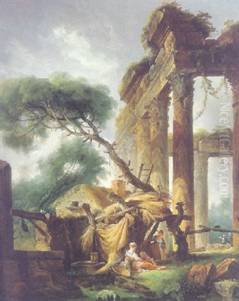 A Landscape With Figures And Ruins Oil Painting by Hubert Robert