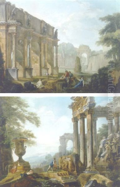 Capriccios Of Roman Ruins With Figures Conversing And Resting by Hubert Robert