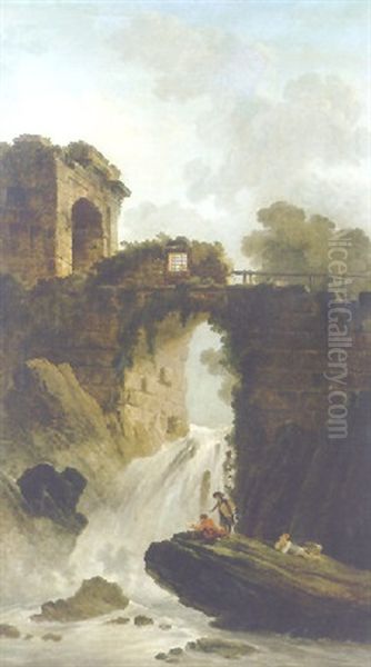 La Cascade: A Landscape With A Waterfall By A Ruined Aquaduct Oil Painting by Hubert Robert