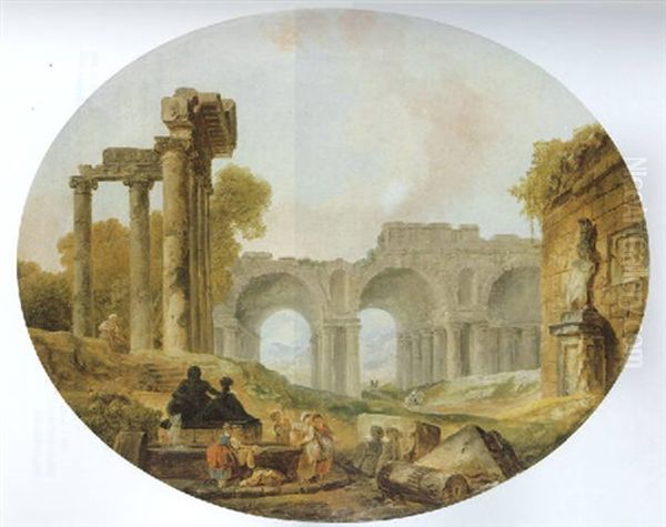 Washerwomen And Other Figures Amid Roman Ruins In A Classical Landscape Oil Painting by Hubert Robert