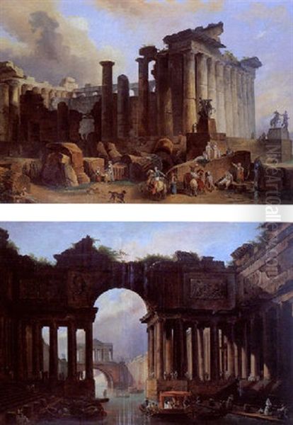 Les Marchands Orientaux Au Pied De Ruines De Temples Antiques Oil Painting by Hubert Robert