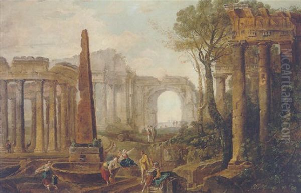 Antique Ruins With Soldiers And Other Figures Resting Beside A Fountain At The Base Of An Obelisk, An Arch Beyond Oil Painting by Hubert Robert