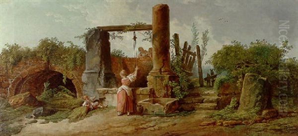 Young Women And A Boy At A Ruined Roman Well Oil Painting by Hubert Robert