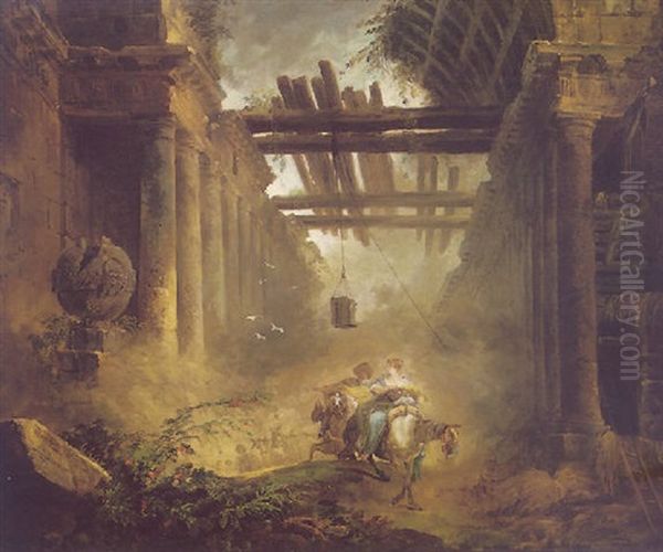 Figures On Horseback Leaving A Ruined Vaulted Building With Colonnades Oil Painting by Hubert Robert