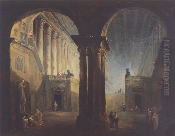 Personnages Dans Une Ruine Antique Oil Painting by Hubert Robert