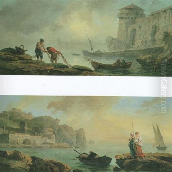 Pecheurs Ramassant Leurs Filets Au Soleil Levant Oil Painting by Hubert Robert