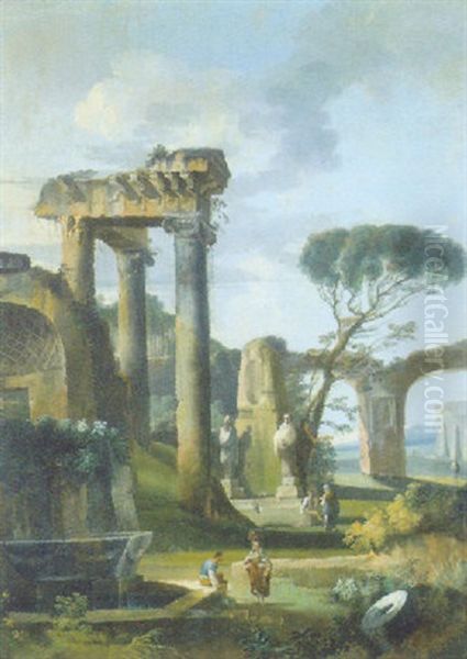 Capriccio Di Rovine Antiche Con Statue Classiche E Astanti Oil Painting by Hubert Robert