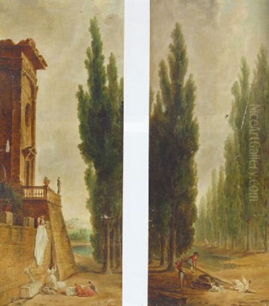 Laundry Maids Outside A Classical Villa Oil Painting by Hubert Robert