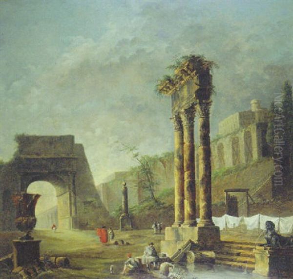 A Washerwoman By A Pool With Other Figures Amongst Classical Ruins Oil Painting by Hubert Robert