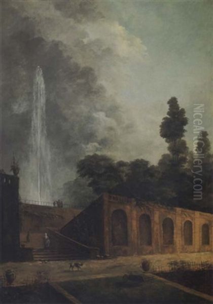 A Parkland Setting With A Fountain And A Terrace, Figures And A Dog Promenading Oil Painting by Hubert Robert