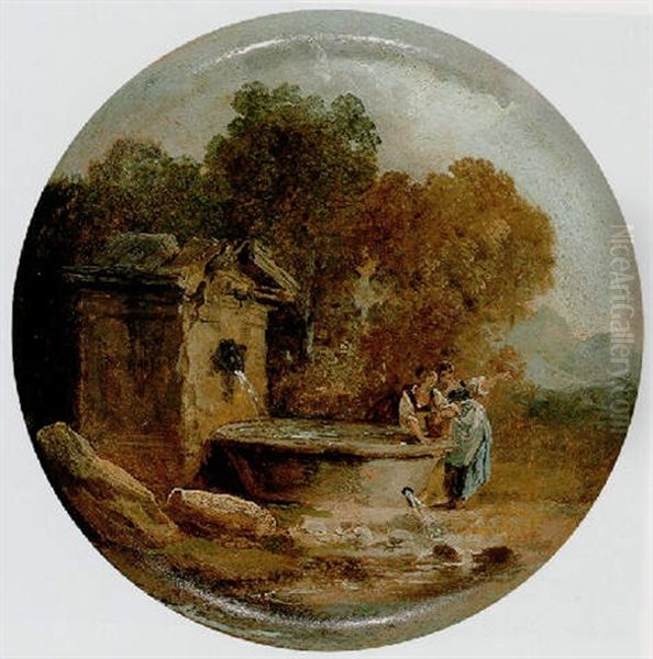 A Wooded Landscape With Women By A Well Oil Painting by Hubert Robert