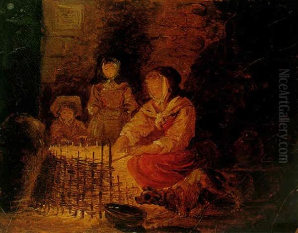 A Peasant Mother And Her Two Children Warming Themselves By A Fire Oil Painting by Hubert Robert