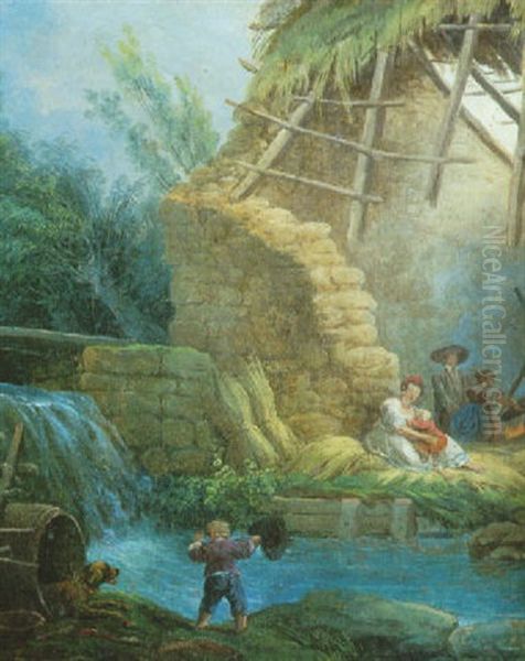 Paysage A La Cascatelle Et Chaumiere En Ruine Anime De Personnages Oil Painting by Hubert Robert