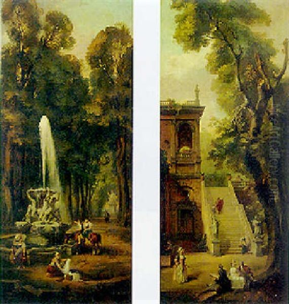 An Artist Sketching A Lady Beneath A Terrace In A Garden Oil Painting by Hubert Robert