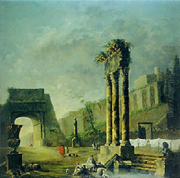 A Washerwomen By A Pool And Other Figures Amongst Classical Ruins Oil Painting by Hubert Robert