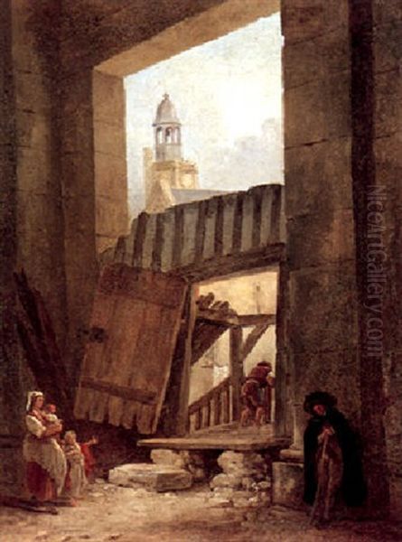 Interior Of A Building With An Old Man And A Mother And Her Two Children, A Church And Its Bell Tower Seen Through The Door Oil Painting by Hubert Robert