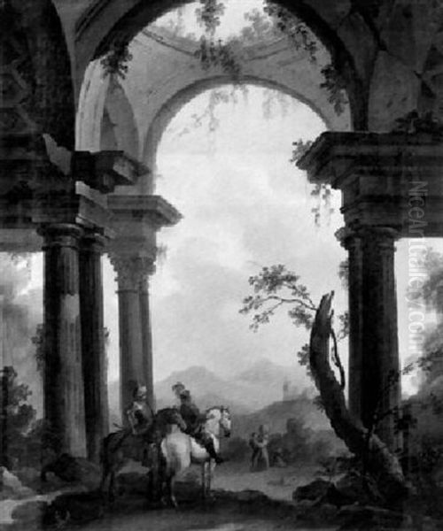 Elegant Cavalry Men Passing A Ruined Arch In A Landscape Oil Painting by Hubert Robert