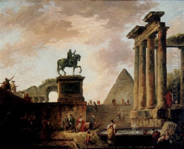 An Architectural Capriccio With The Roman Ruins, The Equestrian Statue Of Marcus Aurelius, A Pyramid And Figures By A Fountain Oil Painting by Hubert Robert