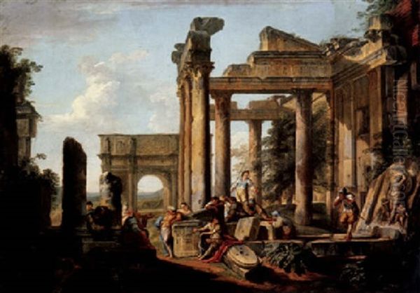 A Capriccio Of Classical Ruins With Soldiers And Other Figures Oil Painting by Hubert Robert