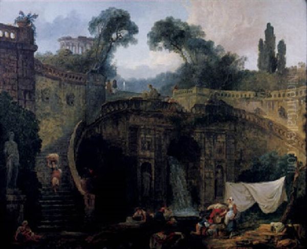 A Parkland Capriccio In The Grounds Of The Palazzo Farnese At Caprarola, With A Monumental Stairway And Washerwomen By A Fountain Oil Painting by Hubert Robert