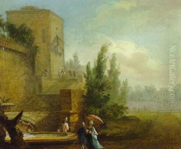 An Italianate Landscape With Elegant Figures By A Fountain Before A Villa Oil Painting by Hubert Robert