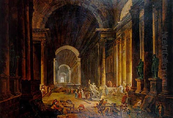 L'arrivee De La Statue Du Lacoon Dans La Grande Galerie Du Vatican Oil Painting by Hubert Robert