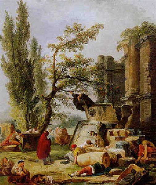 A Preacher Amidst Ancient Architectural Ruins Picking Cherries From A Tree Oil Painting by Hubert Robert